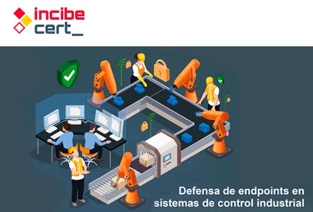 Ilustración de una industria robotizada supervisada por personas banner para Defensa de endpoints en sistemas de control industrial