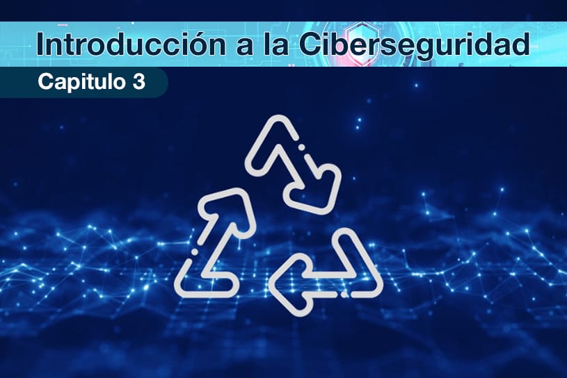 Red cibernética azul oscuro y encima flechas en triangulo señalándose entre si como el símbolo del reciclaje. Capitulo 3 Introducción a la ciberseguridad: Las dimensiones fundamentales en Ciberseguridad