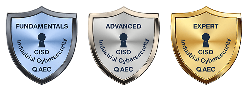 Escudos Fundamental, Advance y Expert del programa de la AEC para el curso Gestión de la Ciberseguridad Industrial para CISOs