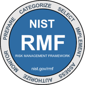 Sello circular del "NIST RMF" (National Institute of Standards and Technology Risk Management Framework). El centro del sello es azul con el texto "NIST RMF, Risk Management Framework". Alrededor, en la franja blanca exterior, aparecen las palabras: "Prepare, Categorize, Select, Implement, Assess, Authorize, Monitor.