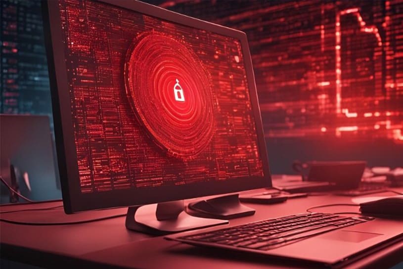 Una pantalla de computadora muestra un símbolo de candado en el centro de un diseño circular rojo, evocando un sistema de seguridad o ciberprotección. El entorno está dominado por tonos rojos, que representan una posible amenaza o alerta de ciberseguridad. En el fondo, se observan gráficos y códigos difusos, resaltando un ambiente tecnológico y de alto riesgo. La imagen transmite la importancia de la seguridad informática y la protección de datos en un entorno digital. Imagen para el artículo 'Servicios de apoyo y el factor humano en la respuesta ante incidentes de seguridad' del Club CISO