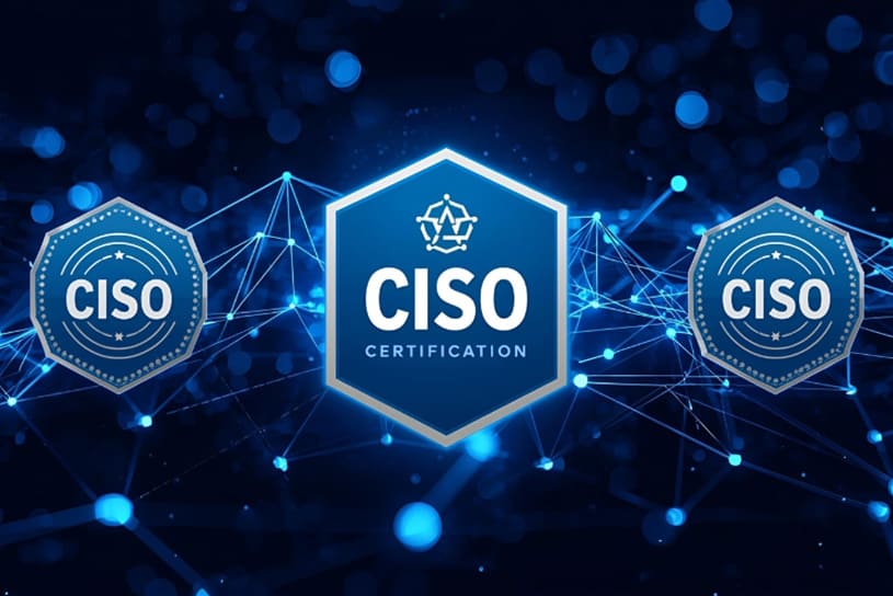 Banner promocional en tonos azules con iconos hexagonales y líneas digitales que evocan la ciberseguridad. En el centro se resalta el texto en inglés CISO Certification, acompañado de la palabra CISO en varios emblemas. La composición transmite la relevancia de las certificaciones en el rol de un Chief Information Security Officer.
