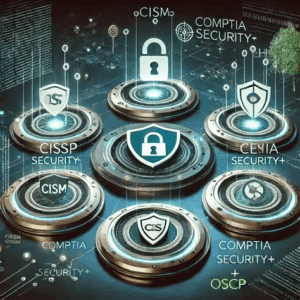 Ilustración futurista en 3D que muestra seis plataformas circulares con símbolos de candados y escudos, representando certificaciones de ciberseguridad como CISM, CISSP, CEH, CEH Security+, CompTIA Security+ y OSCP. En el centro destaca un candado luminoso que simboliza la protección global de un CISO.