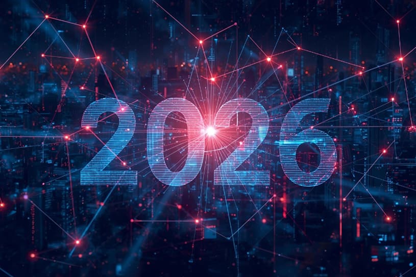 Red digital futurista con el número 2026 y conexiones de datos. Representa las prioridades de ciberseguridad CISO para la estrategia de negocio y riesgos digitales.