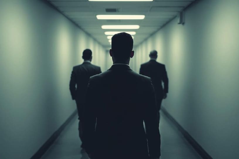 Siluetas de tres personas con traje caminando por un pasillo de oficina tenuemente iluminado. La imagen ilustra el concepto de amenaza insider ciberseguridad y el riesgo de los empleados con acceso legítimo.