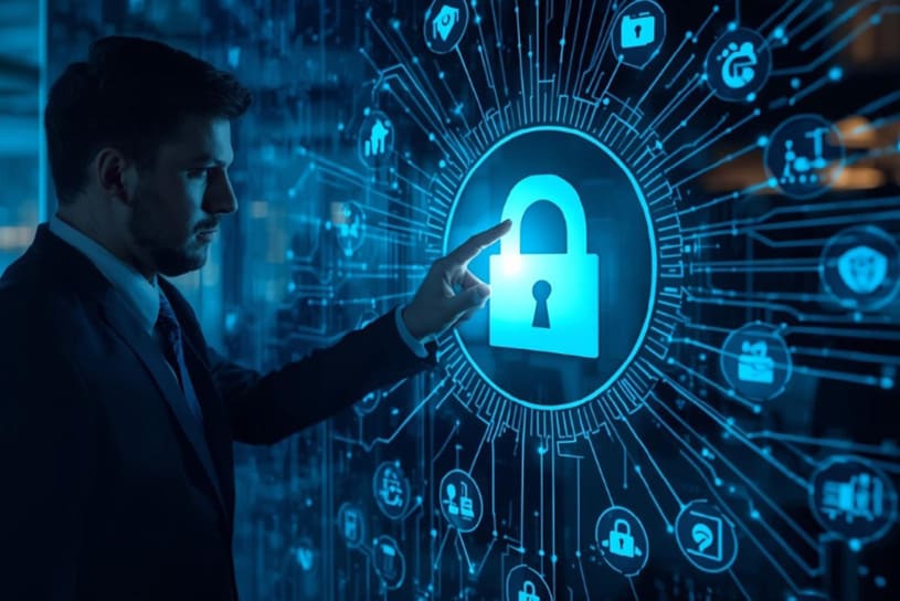 Perfil de un profesional en traje interactuando con una pantalla digital que muestra un candado brillante rodeado de iconos de seguridad y redes de datos. Representa la gestión de una auditoría integrada ISO 27001 ENS NIS2.