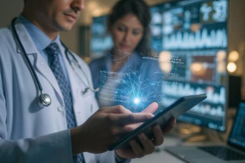Médico con bata blanca y estetoscopio utilizando una tableta digital de la que emanan datos holográficos, con pantallas de monitorización clínica al fondo. Representa la digitalización segura y la ciberseguridad en el sector salud.